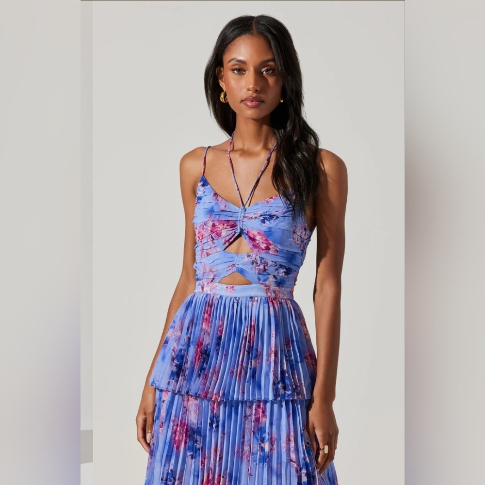 Astr Blue Floral Pleated Cutout Maxi Dress